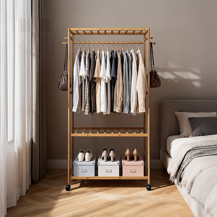 Wooden Clothes Rail with Shelves & Wheels – Open Wardrobe Rack Stand 7