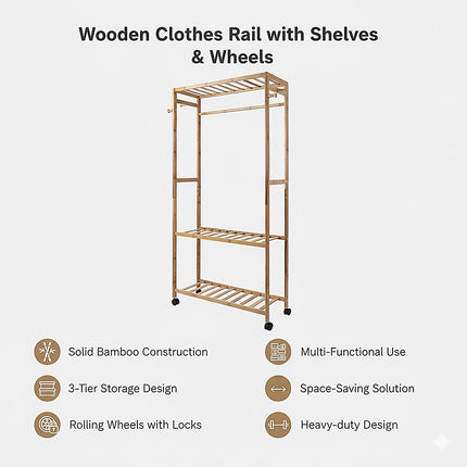 Wooden Clothes Rail with Shelves & Wheels – Open Wardrobe Rack Stand 9
