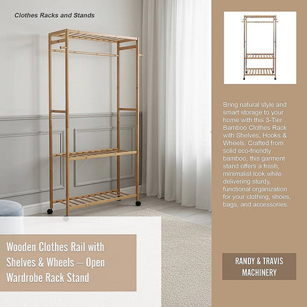 Wooden Clothes Rail with Shelves & Wheels – Open Wardrobe Rack Stand 10