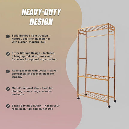Wooden Clothes Rail with Shelves & Wheels – Open Wardrobe Rack Stand 11