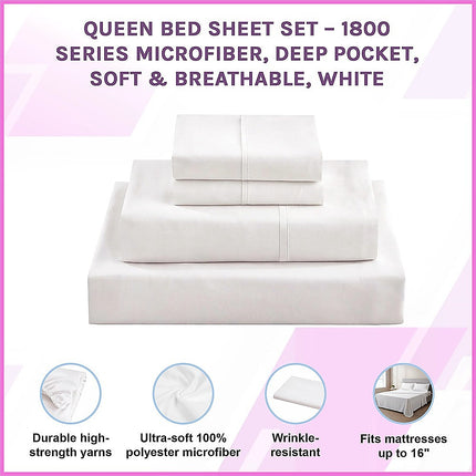 Queen Bed Sheet Set – 1800 Series Microfiber, Deep Pocket, Soft & Breathable, White 2