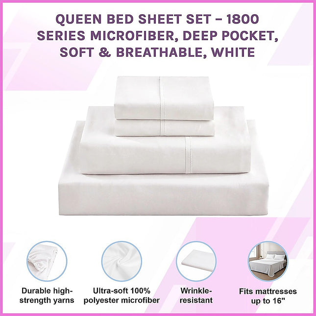 Queen Bed Sheet Set – 1800 Series Microfiber, Deep Pocket, Soft & Breathable, White 2