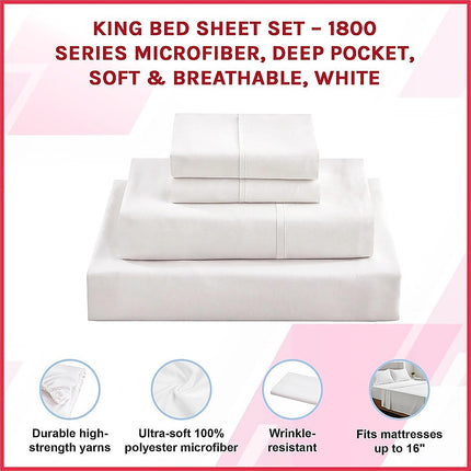 King Bed Sheet Set – 1800 Series Microfiber, Deep Pocket, Soft & Breathable, White 3