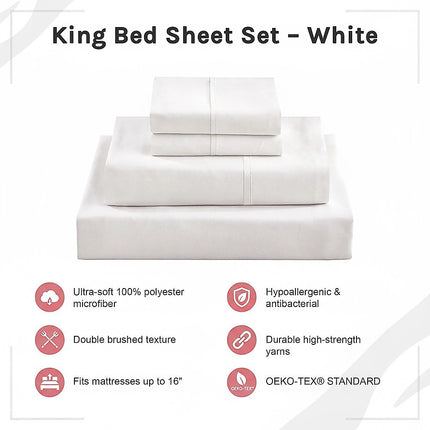 King Bed Sheet Set – 1800 Series Microfiber, Deep Pocket, Soft & Breathable, White 8