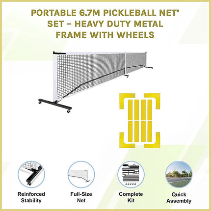 Portable 6.7m Pickleball Net Set – Heavy Duty Metal Frame with Wheels 7