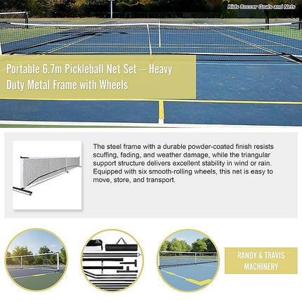 Portable 6.7m Pickleball Net Set – Heavy Duty Metal Frame with Wheels 12