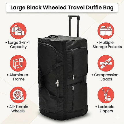 Large Black Wheeled Travel Duffle Bag Rolling Luggage Trolley for Sports and Getaways 9
