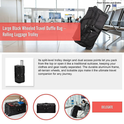 Large Black Wheeled Travel Duffle Bag Rolling Luggage Trolley for Sports and Getaways 10