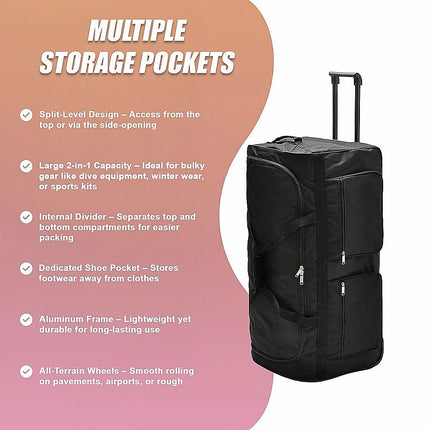 Large Black Wheeled Travel Duffle Bag Rolling Luggage Trolley for Sports and Getaways 11