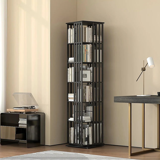 360 Rotating Bookshelf Bamboo Storage Display Rack Shelving in Black 2