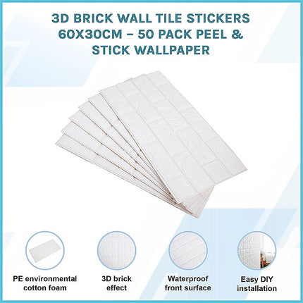 3D Brick Wall Tile Stickers 60x30cm – 50 Pack Peel & Stick Wallpaper 3