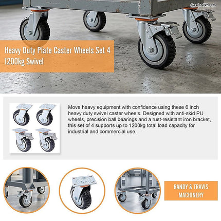 Heavy Duty Plate Caster Wheels Set 4 1200kg Swivel 10