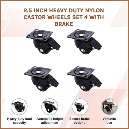 2.5 Inch Heavy Duty Nylon Castor Wheels Set 4 with Brake 3