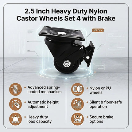 2.5 Inch Heavy Duty Nylon Castor Wheels Set 4 with Brake 10