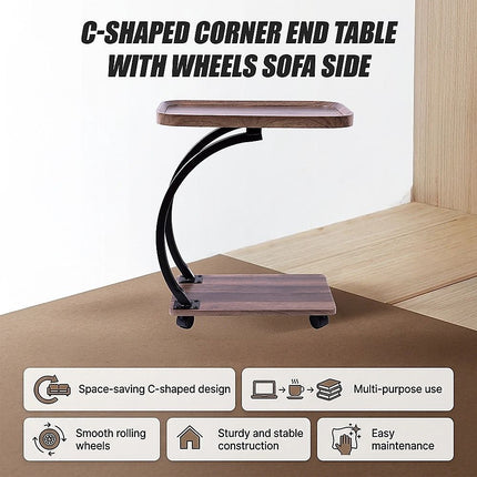 C-Shaped Corner End Table with Wheels Sofa Side 3