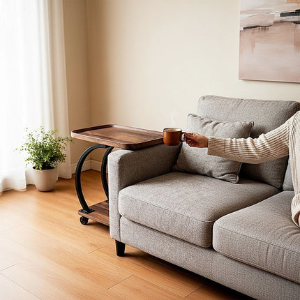 C-Shaped Corner End Table with Wheels Sofa Side 7