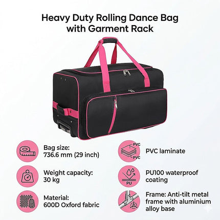 736.6 mm Heavy Duty Rolling Dance Bag with Garment Rack for Travel 10