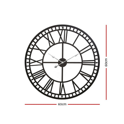 Artiss 60cm Wall Clock Large Roman Numerals Metal Black 2