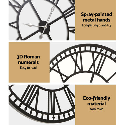 Artiss 60cm Wall Clock Large Roman Numerals Metal Black 4