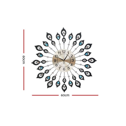 Artiss 60cm Wall Clock Large 3D Peacock Crystal Silver 2
