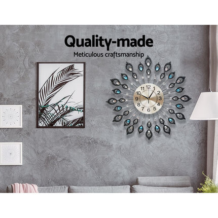 Artiss 60cm Wall Clock Large 3D Peacock Crystal Silver 4
