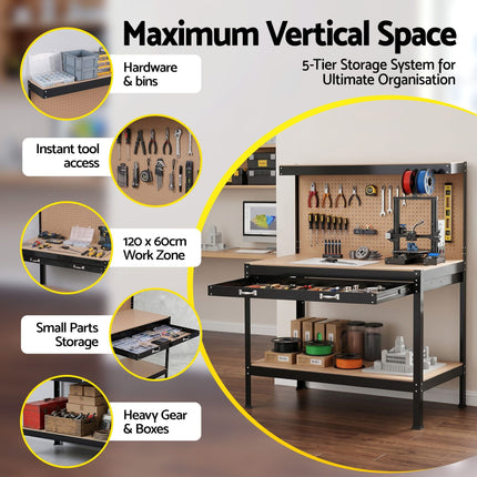 Giantz Workbench with Pegboard and Ultra-Wide 120cm Work Table for Garage DIY, 20 Hooks 5