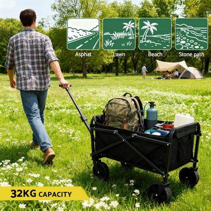 Gardeon Garden Cart Folding Trolley Camping Wagon Barrow Outdoor Beach Black 6