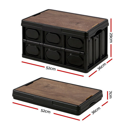 Gardeon Collapsible Outdoor Storage Box 50L Stackable Folding Camping Organizer Plywood Lid Black 3