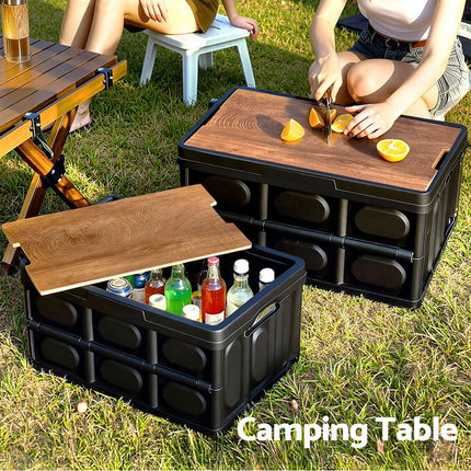 Gardeon Collapsible Outdoor Storage Box 50L Stackable Folding Camping Organizer Plywood Lid Black 6