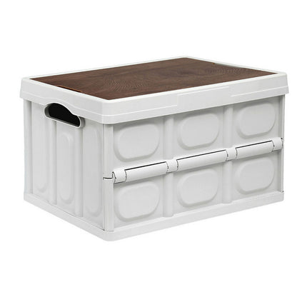 Gardeon Collapsible Outdoor Storage Box 50L Stackable Folding Camping Organizer Plywood Lid Beige 2