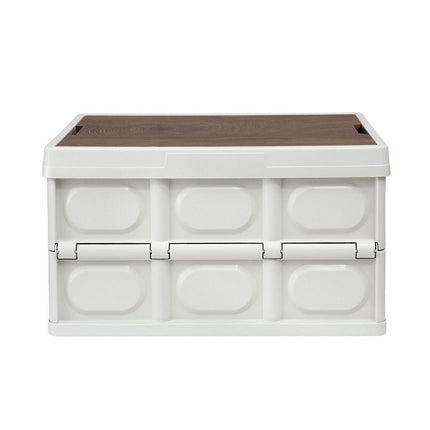 Gardeon Collapsible Outdoor Storage Box 50L Stackable Folding Camping Organizer Plywood Lid Beige 4