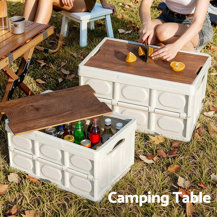 Gardeon Collapsible Outdoor Storage Box 50L Stackable Folding Camping Organizer Plywood Lid Beige 6