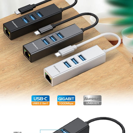 Simplecom CHN421 Aluminium USB-C to 3 Port USB HUB with Gigabit Ethernet Adapter Black 4