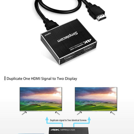 Simplecom CM412 HDMI 2.0 1x2 Splitter 1 IN 2 Out 4K@60Hz HDR10 2 Port HDMI Duplicator 4