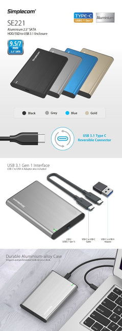Simplecom SE221 Aluminium 2.5'' SATA HDD/SSD to USB 3.1 Enclosure Black 2