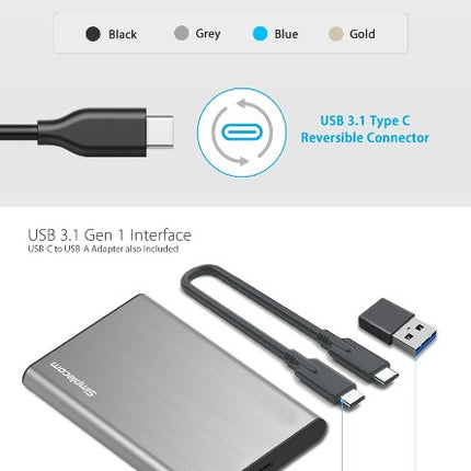 Simplecom SE221 Aluminium 2.5'' SATA HDD/SSD to USB 3.1 Enclosure Blue 2